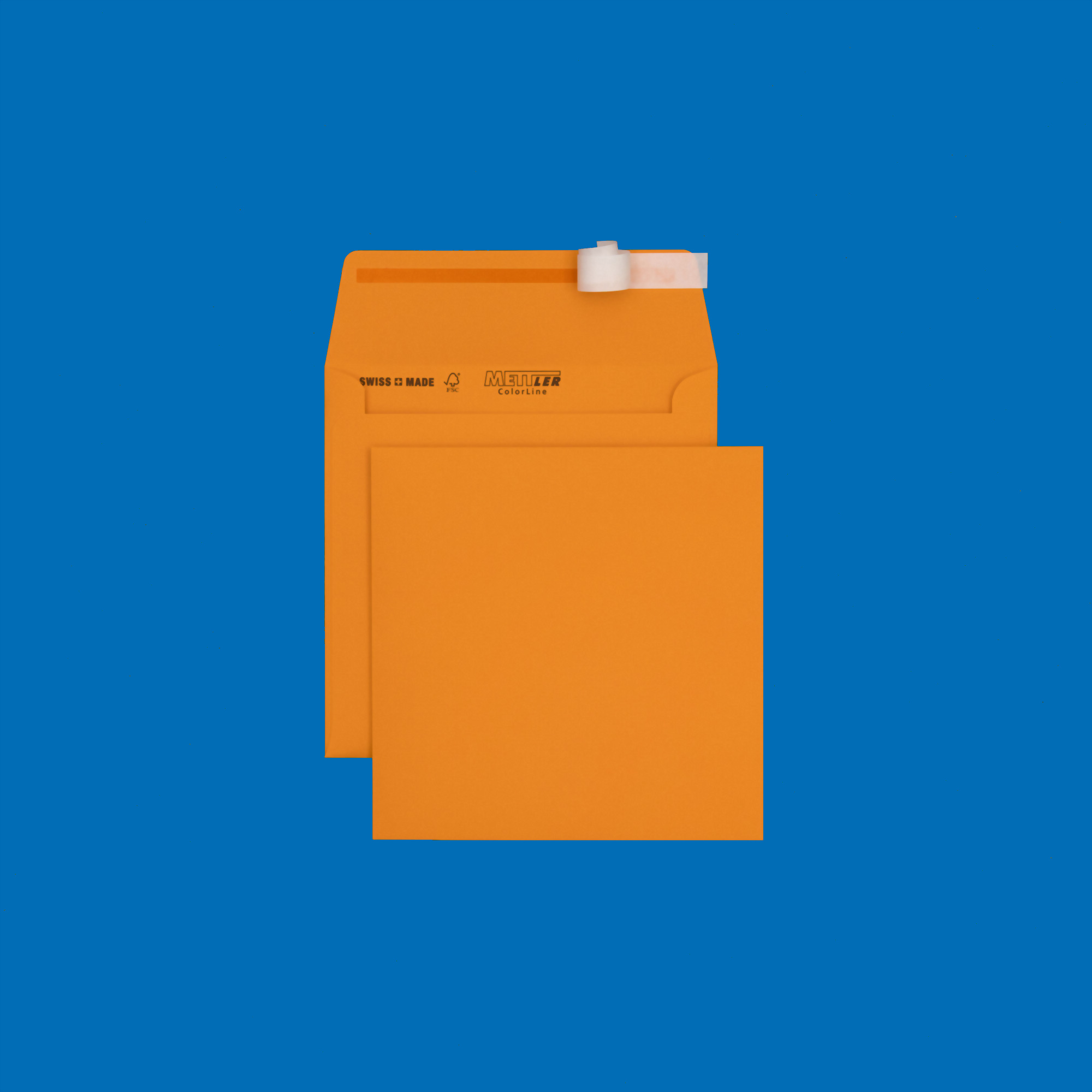 Couvert quadratisch 155 x 155mm, hellorange, ohne Fenster, haftklebend, FSC – Mettler Couvert