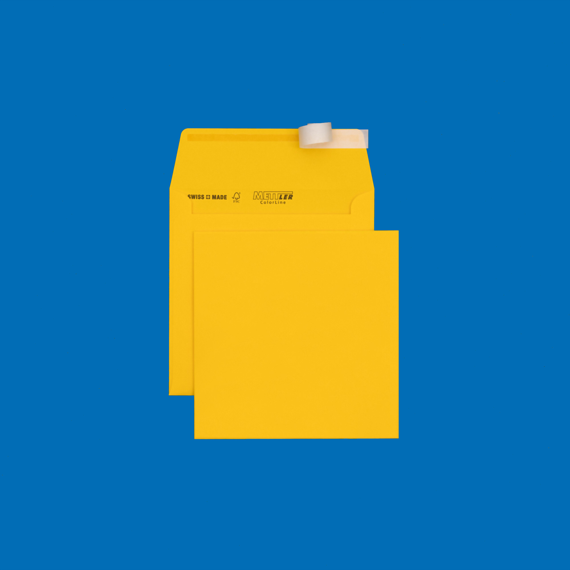 Couvert quadratisch 155 x 155mm, sonnengelb, ohne Fenster, haftklebend – Mettler Couvert