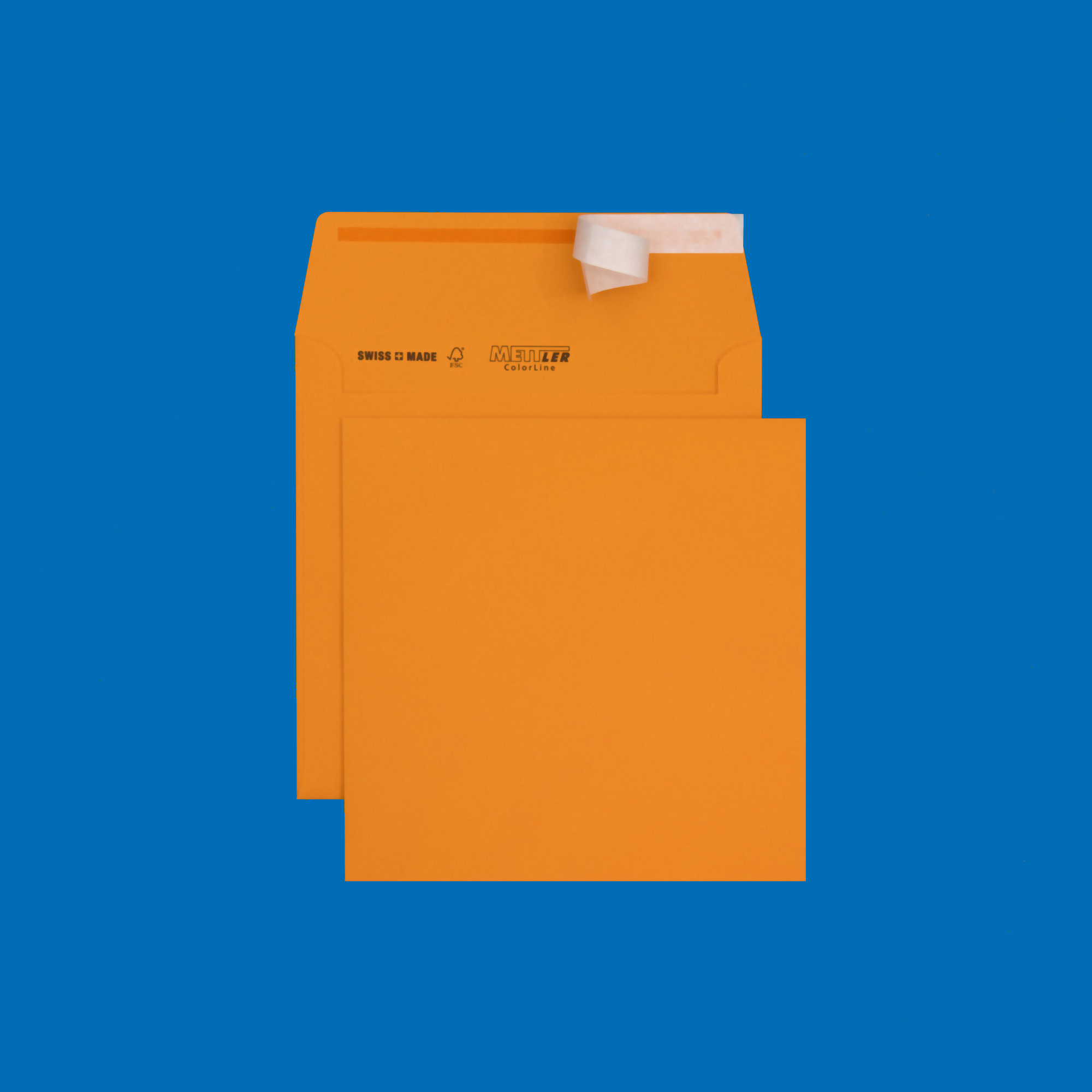 Couvert quadratisch 175 x 175mm, hellorange, ohne Fenster, haftklebend, FSC – Mettler Couvert