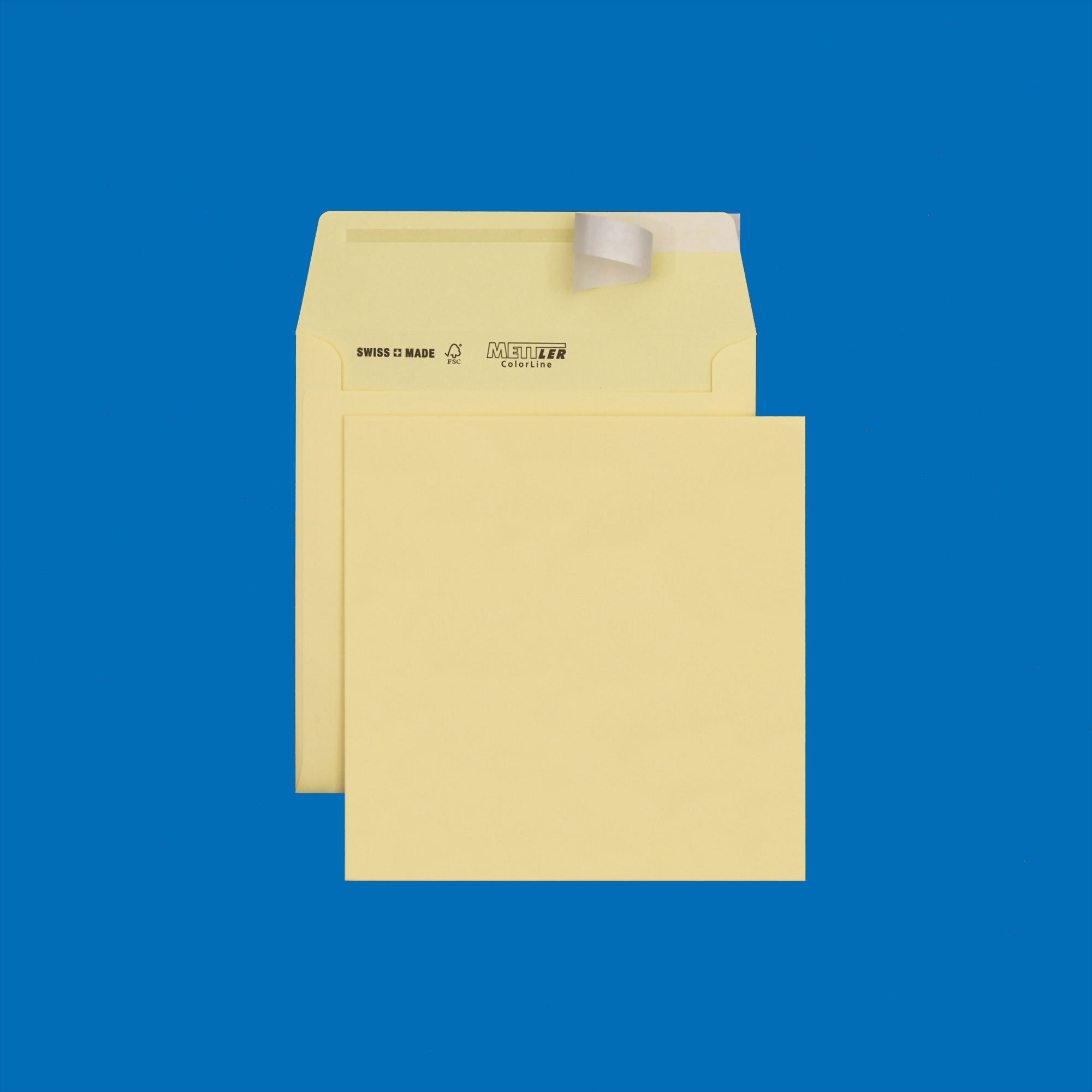 Couvert quadratisch 175 x 175mm, pastellgelb, ohne Fenster, haftklebend, FSC – Mettler Couvert