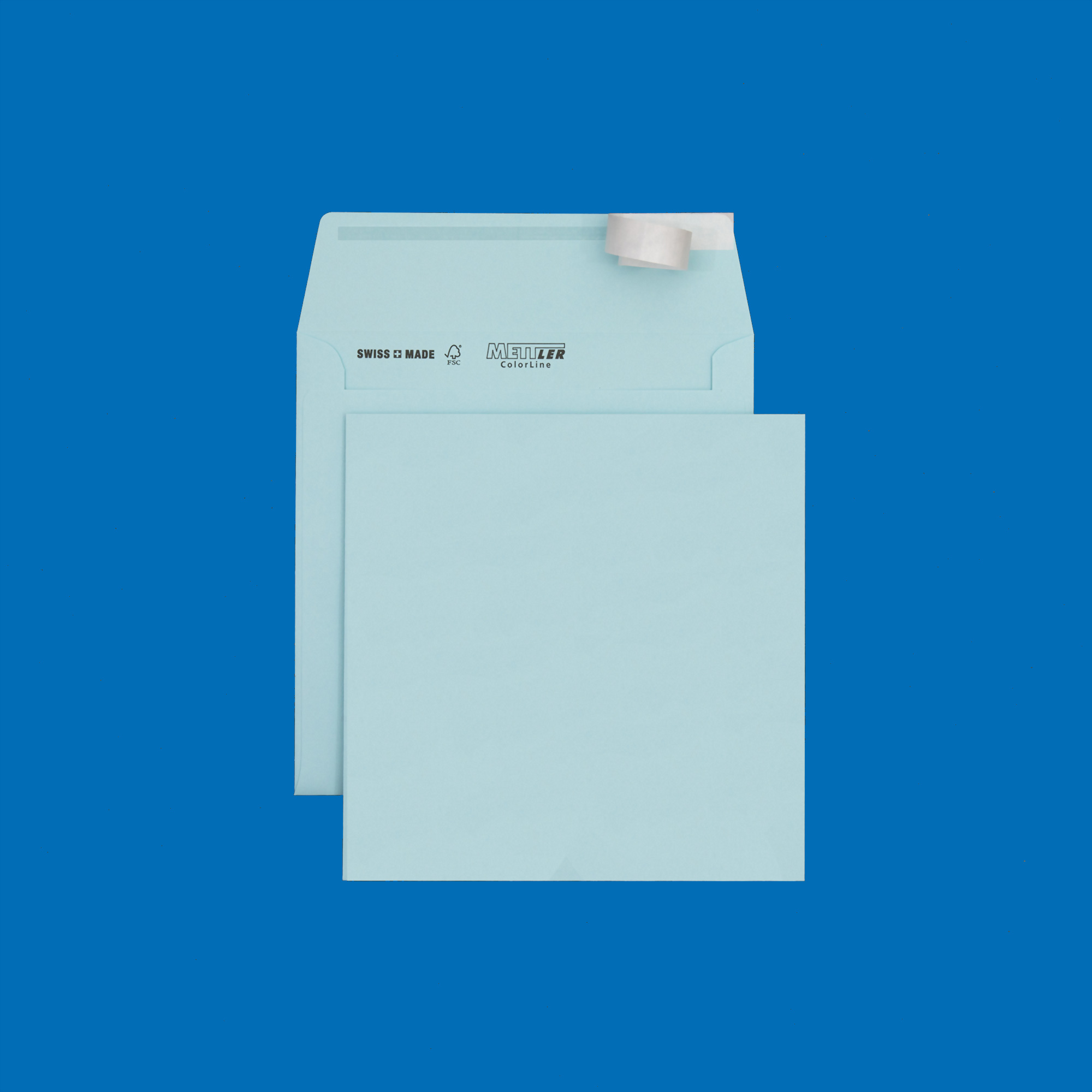 Couvert quadratisch 175 x 175mm, pastellblau, ohne Fenster, haftklebend, FSC – Mettler Couvert