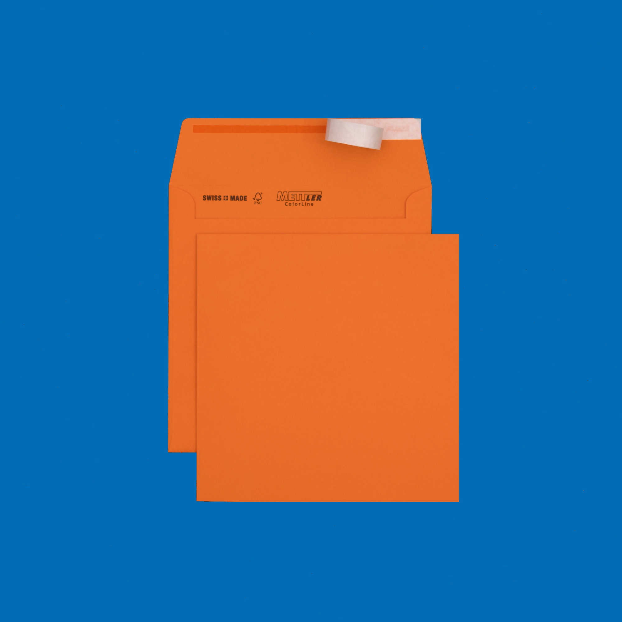 Couvert quadratisch 175 x 175mm, orange, ohne Fenster, haftklebend, FSC – Mettler Couvert